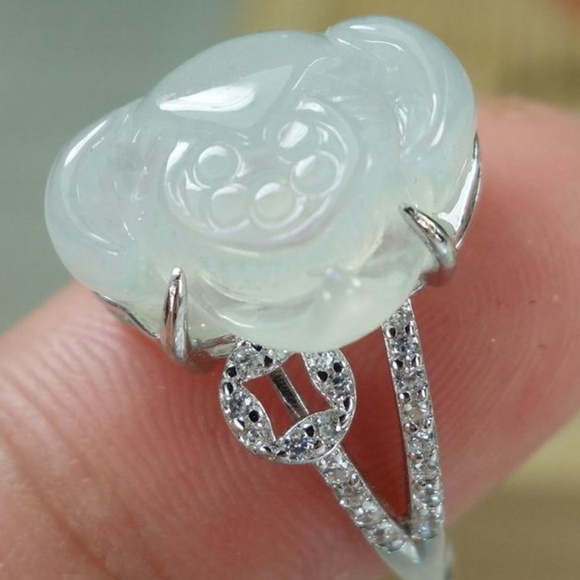 Certified Icy White Natural A jadeite jade Lotus Ring 925 Silver戒指（Free Size） - Picture 2 of 11